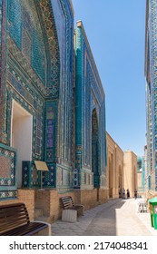 Street of mausoleums inside Shah-i-Zinda complex. One of most popular tourist places in Samarkand, Uzbekistan. - Shutterstock ID 2174048341