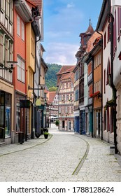 A Street Of A Medieval European City With Half-timbered Architecture