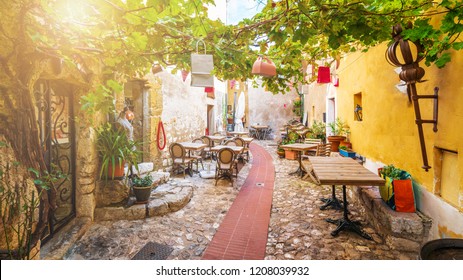 Street In Medieval Eze Village At French Riviera Coast, Cote D'Azur, France