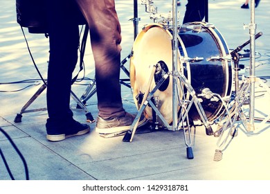 Street Music. Kick Drum And Drummer Legs In Action, Close Up