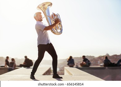 Street Musician Playing Tuba Outdoor