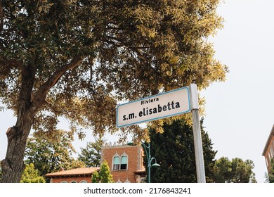 Street name sign on Riviera Santa Maria Elisabetta on Lido Island, a barrier island in Venetian Lagoon famous for its Film Festival, Italy.