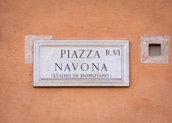 Street Name Sign Of Piazza Navona (Navona's Square) In Rome, Italy.