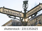 Street name signs of Sredzkistraße and Husemannstraße in Berlin, main streets in the Prenzlauer Berg district, East Germany