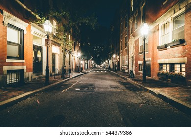 Street at night, in  Beacon Hill, Boston, Massachusetts.