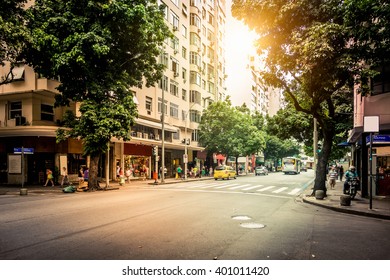 Street Nossa Senhora De Copacabana In Copacabana, Rio De Janeiro. Brazil