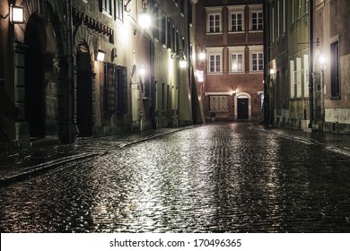 A street in the old town of Warsaw at night 