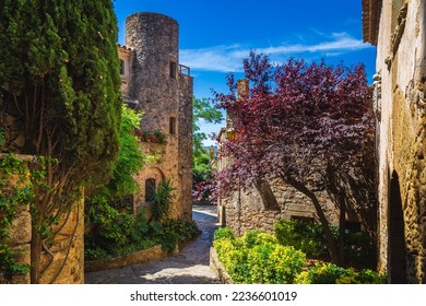 Street in Pals, a medieval town in Catalonia, northern Spain, a few kilometres from the sea in the heart of the Bay of Emporda on the Costa Brava.