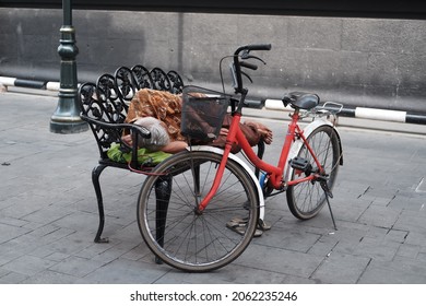 Street People, Photo Of Old Grandpa Sleeping On A Roadside Chair