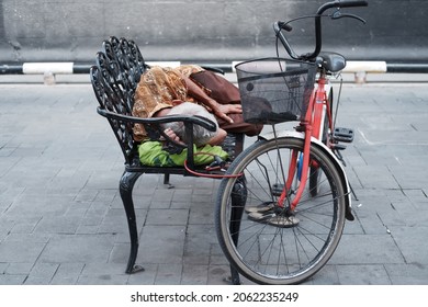 Street People, Photo Of Old Grandpa Sleeping On A Roadside Chair