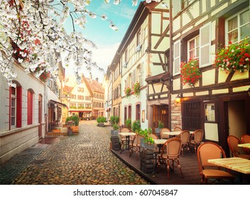 Street Of Petit France Medieval District Of Strasbourg At Spring, Alsace France