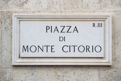 Street Plate Of Famous Piazza Di Monte Citorio. Rome. Italy.