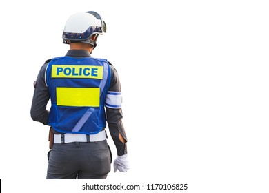 street police officer with uniform hard hat back view isolated on white