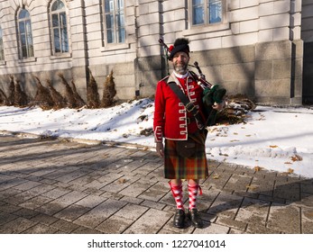 Grande-Allée Street, Quebec City, Quebec, Canada, November 11, 2018 - 78th Fraser Highlanders Bearded Bagpiper Participating In The Remembrance Day Ceremony In Front Of The Parliament Building