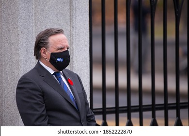 Grande-Allée Street, Quebec City, Quebec, Canada, November 11, 2020 - Side View Of Premier François Legault Wearing A Mask And Poppy During The Remembrance Day Ceremony