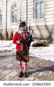 Grande-Allée Street, Quebec City, Quebec, Canada, November 11, 2018 - 78th Fraser Highlanders Bearded Bagpiper Participating In The Remembrance Day Ceremony In Front Of The Parliament Building