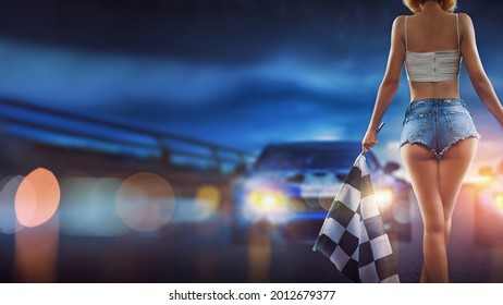  Street Racing. Sexy Sport Girl With Starting The Checkered Flag. Auto Motor Racing 