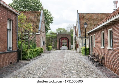 Street with red bridge at Bourtange, a fortress in the province of Groningen, The Netherlands