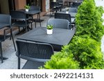 Street Restaurant Table, Empty Cafe Tables, Bistro Seat, Bar Terrace, Outdoor Restaurants, Cafeteria, Outside Trattoria, City Coffee Shops Furniture, Summer Street Table