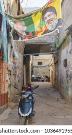 A Street In Sabra And Shatila Refugee Camp With The Poster Of Hassan Nasrallah In Beirut Lebanon 3 February 2018