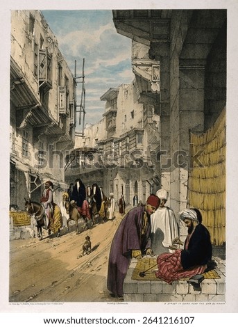 A street scene in Cairo with a street seller at work Coloured lithograph by J C Bourne, c 1840, after O B Carter. Vintage artwork with people. People in vintage painting, old art illustration.