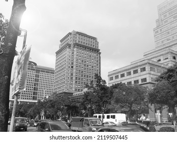 Street scene in Xinyi District, Taipei, Taiwan.Financial Center building.cityscape.Taiwan Streetscape.Black and white building photo.