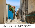 Street and sea in old town Kavala, Macedonia, Greece, Europe