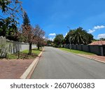 Street with a sidewalk and a fence. Trees are on the sidewalk. There are no cars on the street in Johannesburg in South Africa