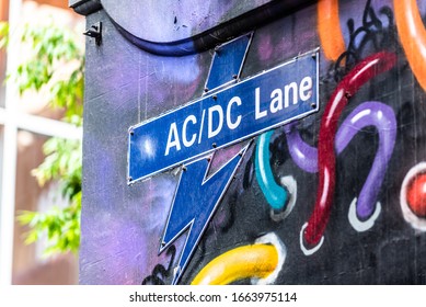The street sign for AC/DC Lane in the city of Melbourne, Australia