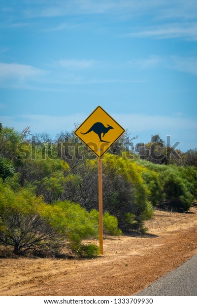 Street sign caution wildlife kangaroo in the West\
Australian Outback
