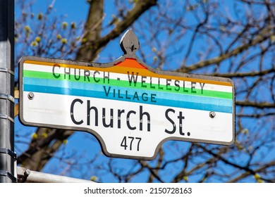 A Street Sign For Church Street With The Rainbow Color Scheme Indicating A Street In The Church Wellesley Gay Village In Toronto.