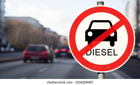Straßenschilder-Fahrverbot für Dieselfahrzeuge, Fahrzeuge auf der Straße im Hintergrund