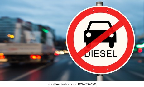Straßenschilder-Fahrverbot für Dieselfahrzeuge, Fahrzeuge auf der Straße im Hintergrund