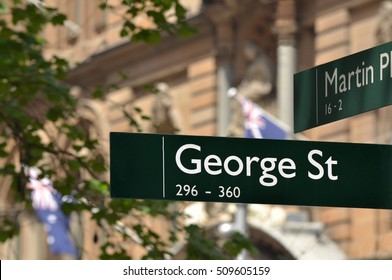 Street sign of George Street and Martin place in Sydney Central Business District in New South Wales, Australia. No people. Copy space