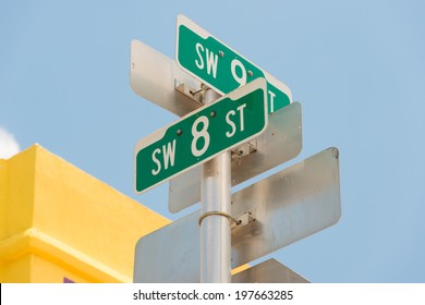 Street Sign Marking The 8th Street In Little Havana, A Focal Point Of The Cuban Community In Miami