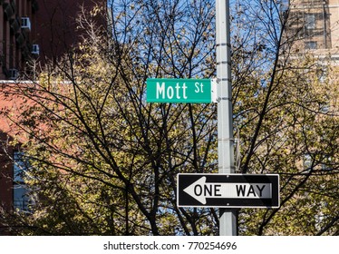 Street Sign Mott Street At A Crossing In Manhattan