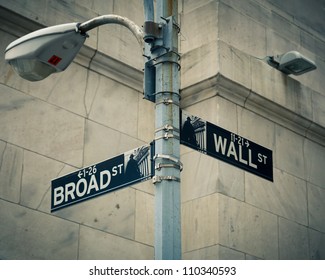 Street Sign Of New York Wall Street And Broad Street