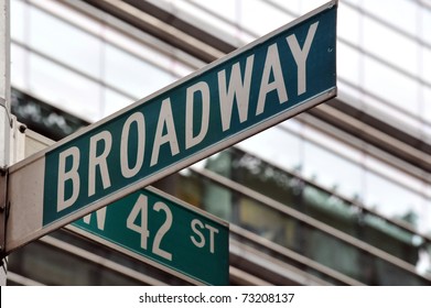 Street Sign On The Corner Of Broadway And 42nd Street In Manhattan, New York City. Broadway Is Known Widely As The Heart Of The American Commercial Theatrical Industry. No People. Copy Space