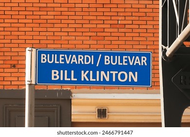 Street sign, road sign, signpost marking the Bill Clinton Boulevard, Bill Klinton Bulevardi, Bulevar in the city center of Prishtina, Pristina, Kosovo 2022