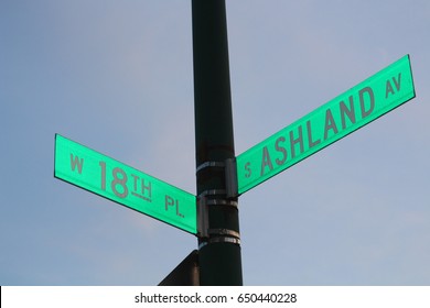 Street Signs Locate The Mole De Mayo Festival In The Pilsen Neighborhood At The Corner Of Ashland Ave And 18th Street.