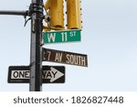 Street signs on the corner of 7th Ave South and West 11th Street in Greenwich Village, New York City; copy space on blue sky