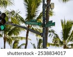 street signs and a traffic signal at the corner of Kapahulu avenue and Kalakaua avenue with lush green palm trees in Honolulu Hawaii USA