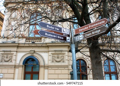 Street Signs For Turist And Attractions: Chain Bridge And Other Routh In Budapest Hungary