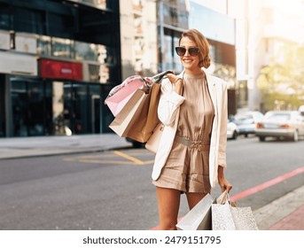 Street, smile and woman with shopping bag in city for retail, summer fashion and designer clothes. Happy, customer and person with sunglasses by road for store discount, commerce or boutique in Paris