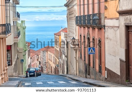 Street in spanish city with view to the sea, La Orotava, Canary islands, Spain