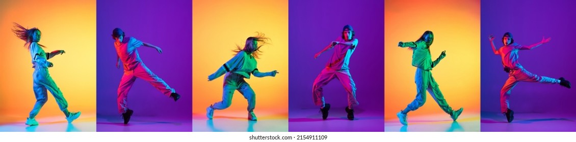 Street style dance battle. Bright collage with men dancing breakdance and hip-hop dancers isolated on multicolor background in neon. Youth culture, hip-hop, movement, style and fashion, action. - Shutterstock ID 2154911109