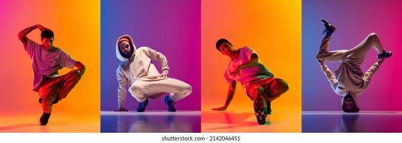 Street style dance battle. Composite image with men dancing breakdance isolated on gradient orange and purple background. Youth culture, hip-hop, movement, style and fashion, action.