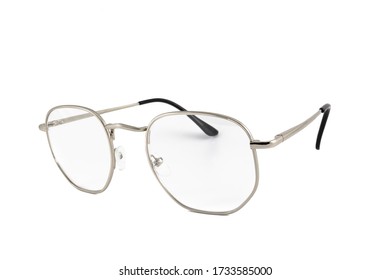 Street Style Reading Glasses With Clear Lens And Rectangle Thin Silver Frame, Isolated On White Background, Side View.