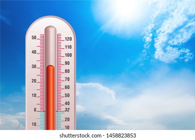 Street thermometer shows high temperature in summer against the sky with the sun - Shutterstock ID 1458823853