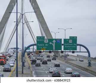 Street traffic on Leonard P. Zakim Bunker Hill Bridge Boston - BOSTON / MASSACHUSETTS - APRIL 3, 2017